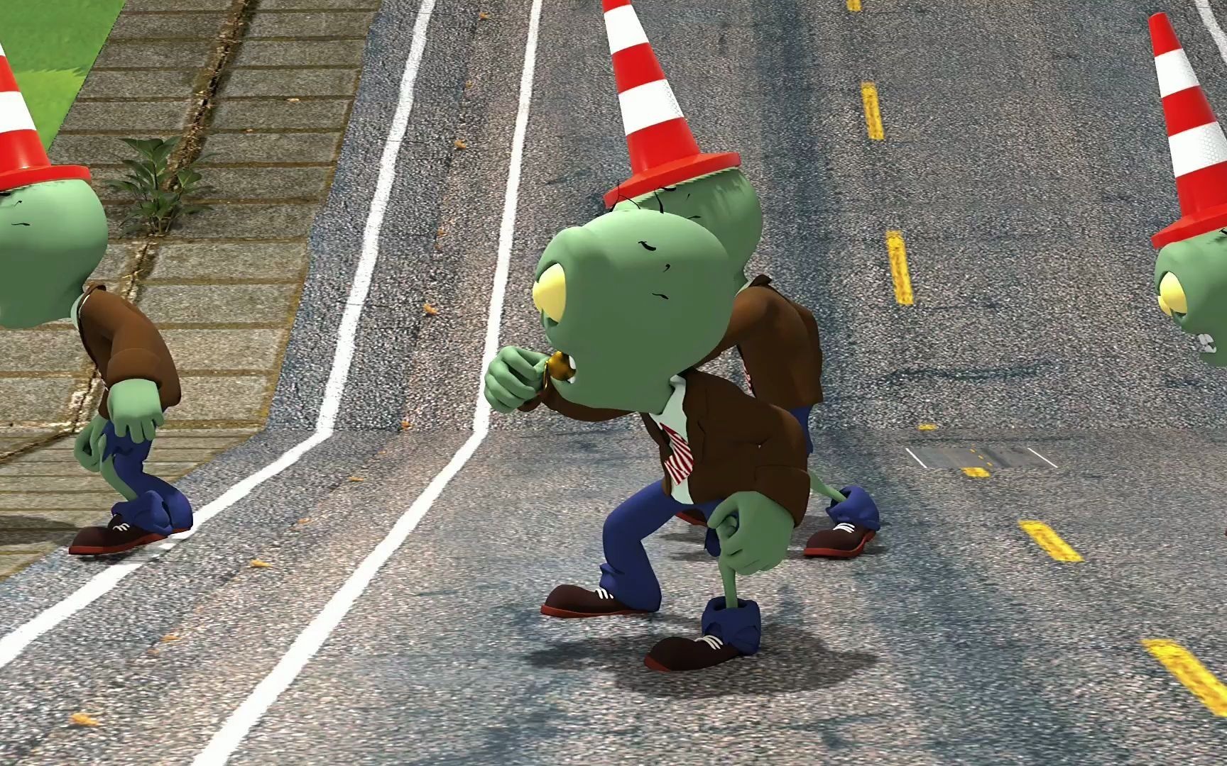 pvz植物大战僵尸游戏动画短片:路障僵尸小队出动 吓跑植物