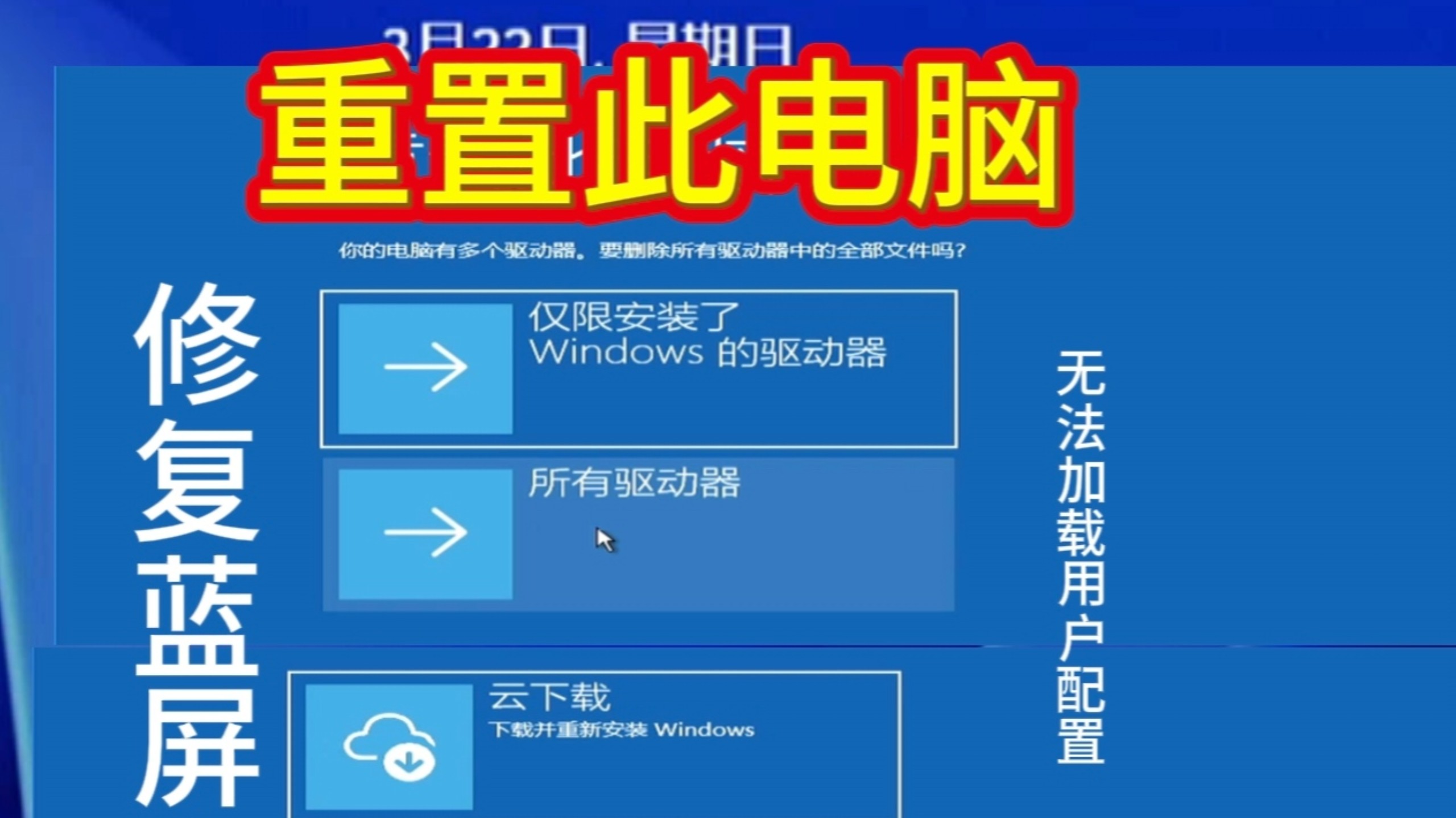 win11恢复出厂设置重置此电脑修复无法加载用户配置文件,自动修复,无法修复你的电脑,检查不到错误信息。无法确定错误原因,可以尝试重置此电脑,进行修复试试。