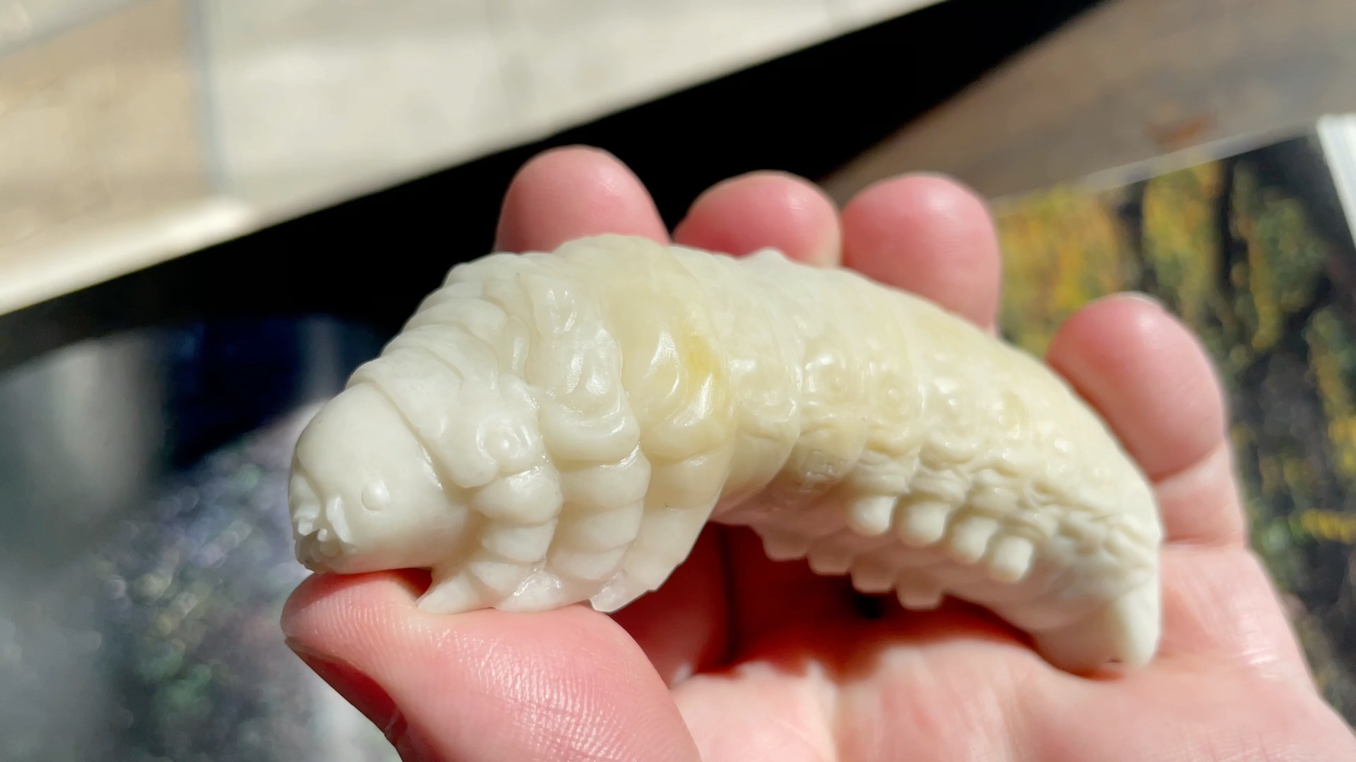 寿山石纯手工雕刻作品 蚕宝宝手把件