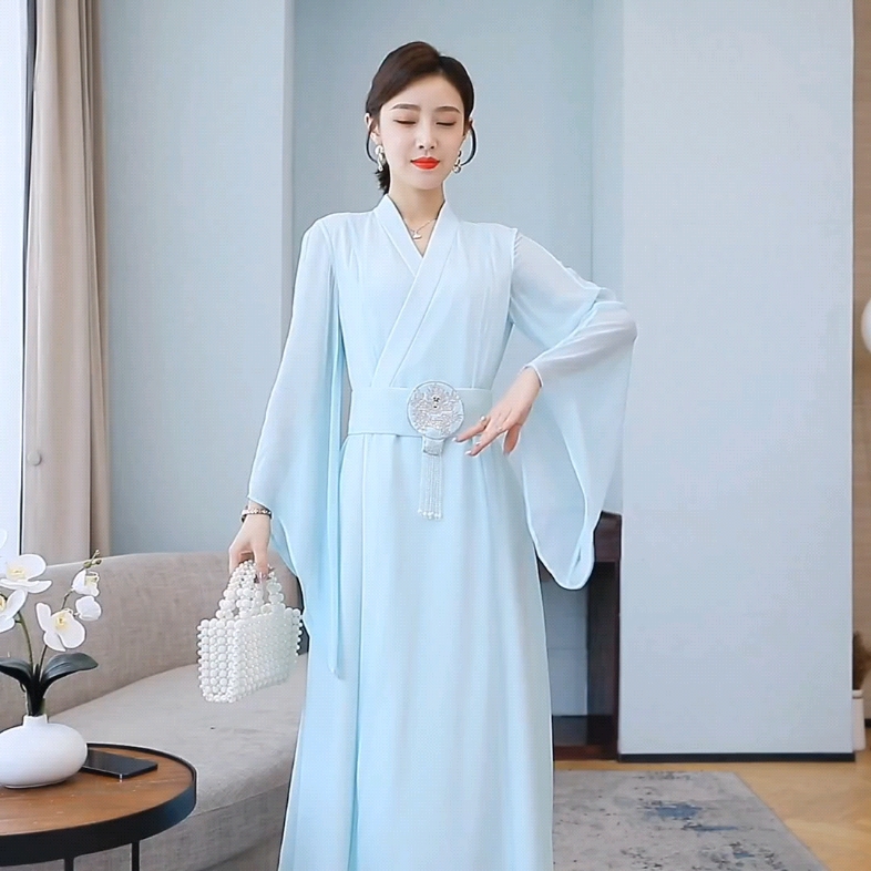 [实拍9277#] 汉服改良中国风长裙修身气质v领喇叭袖仙气优雅腰封桑