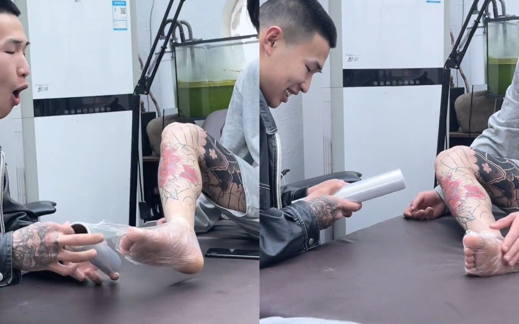 浙江一纹身师给顾客纹身的时候,因为脚有点味道,小表情太可爱