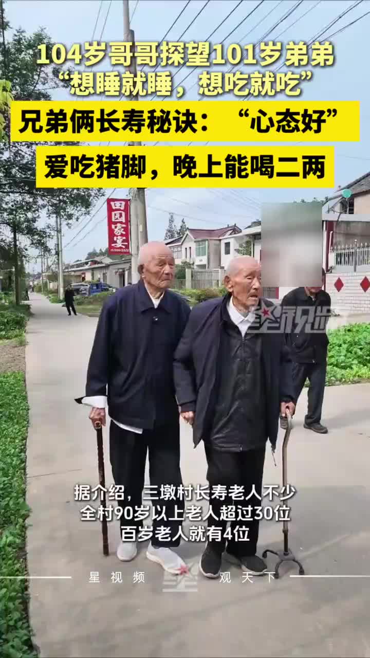 104岁哥哥看望101岁弟弟，百岁兄弟每天一起遛弯聊天