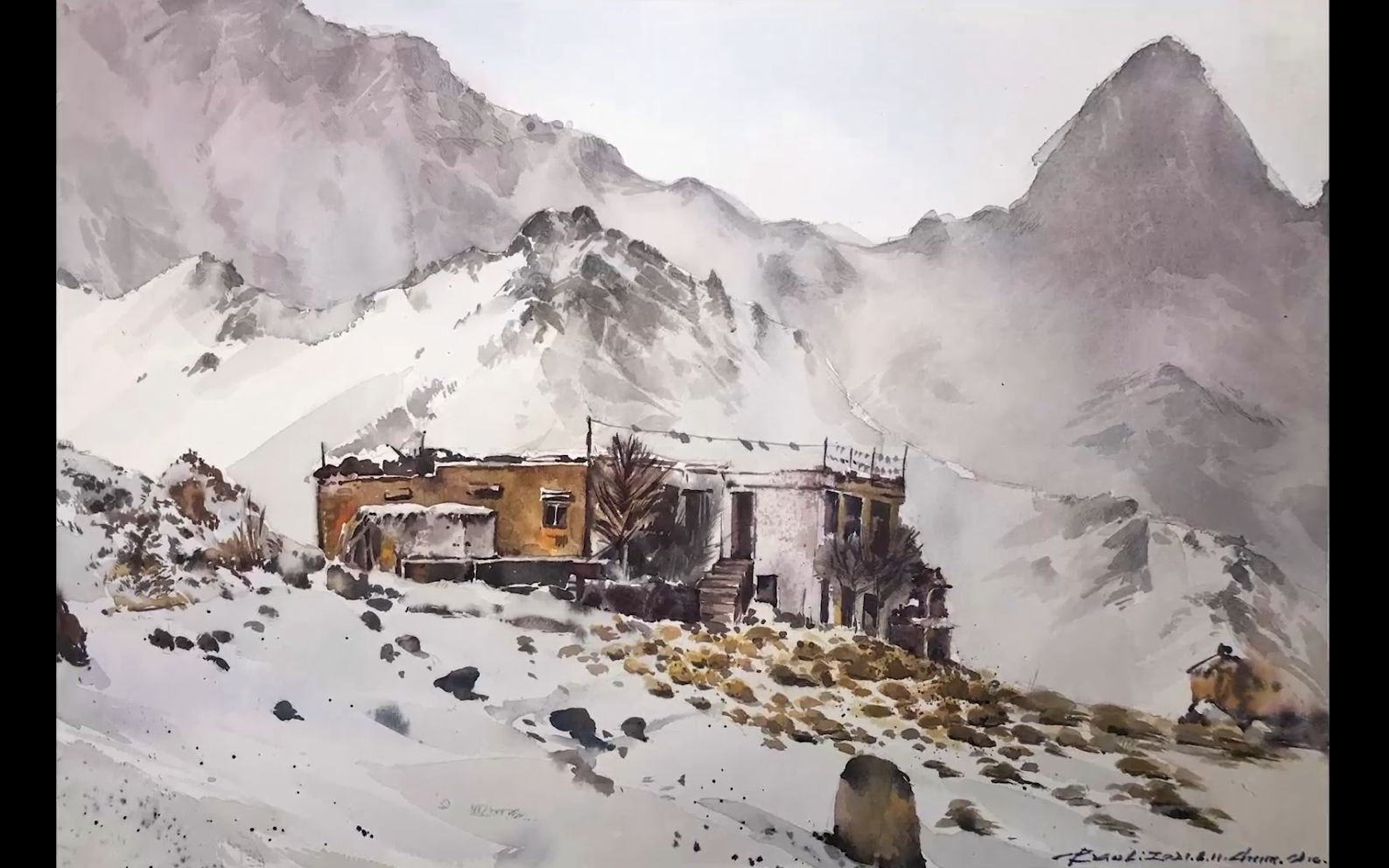 水彩教程水彩风景大雪山小屋上色你喜欢这样的水彩风景嘛