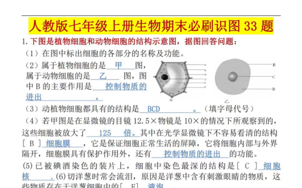 七年級上冊生物#初一生物#期末試卷#期末複習#初中生物#知識點捉後