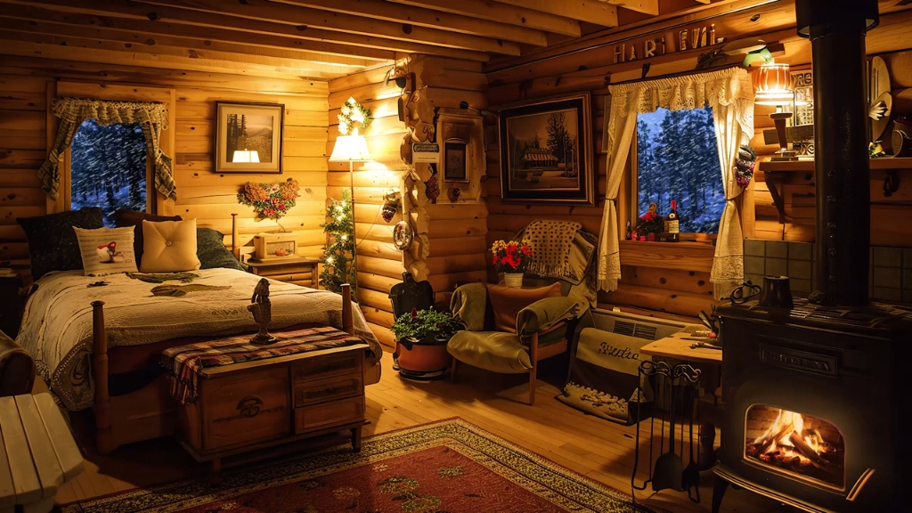 温暖舒适的木屋充满冬日氛围噼啪作响的壁炉声适合睡觉和放松