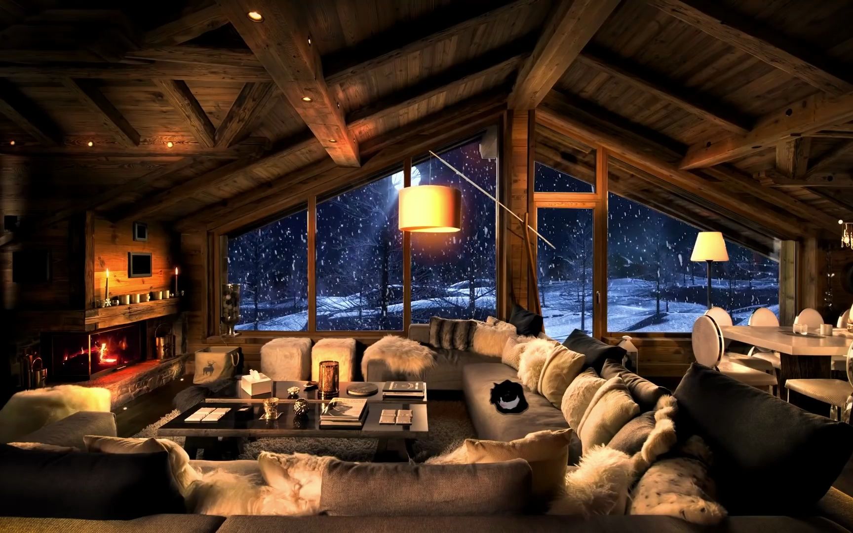 木屋雪景壁炉图片