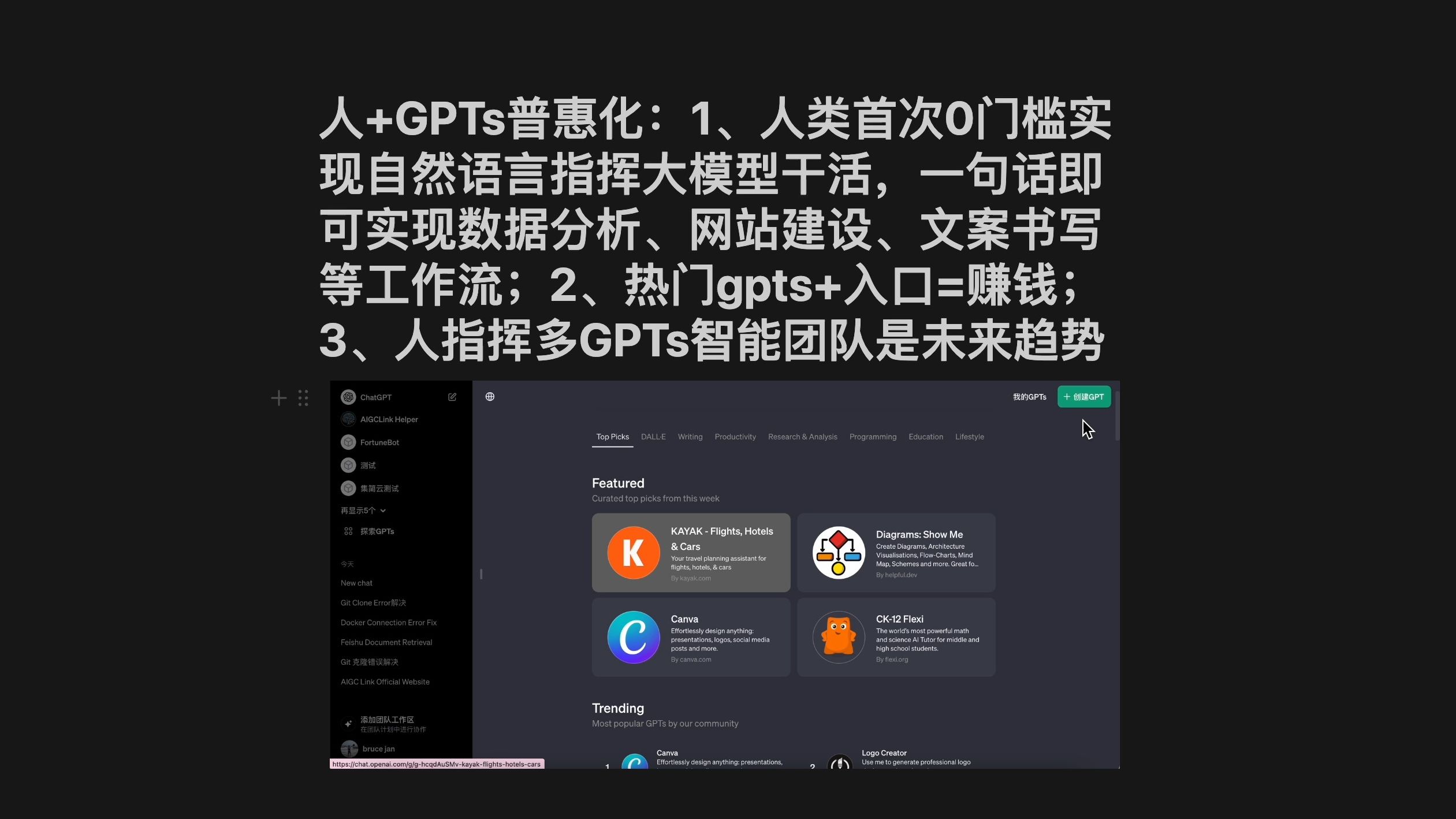 人+GPTs普惠化:1、人类首次0门槛实现自然语言指挥大模型干活,一句话即可实现数据分析、网站建设、文案书写等工作流;2、热门gpts+入口=赚钱;3...