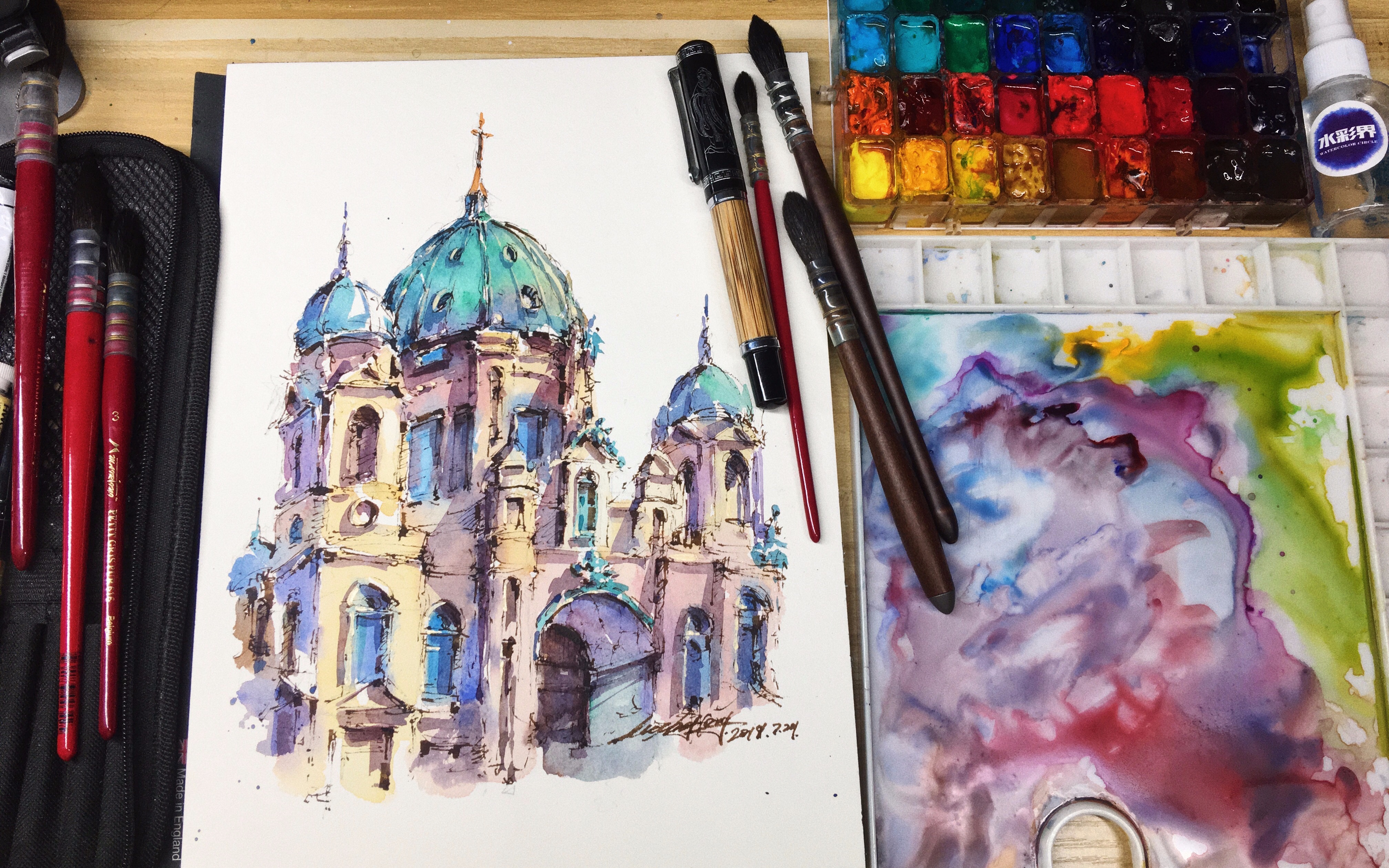 【凌峰钢笔淡彩】柏林大教堂 线稿上色全过程
