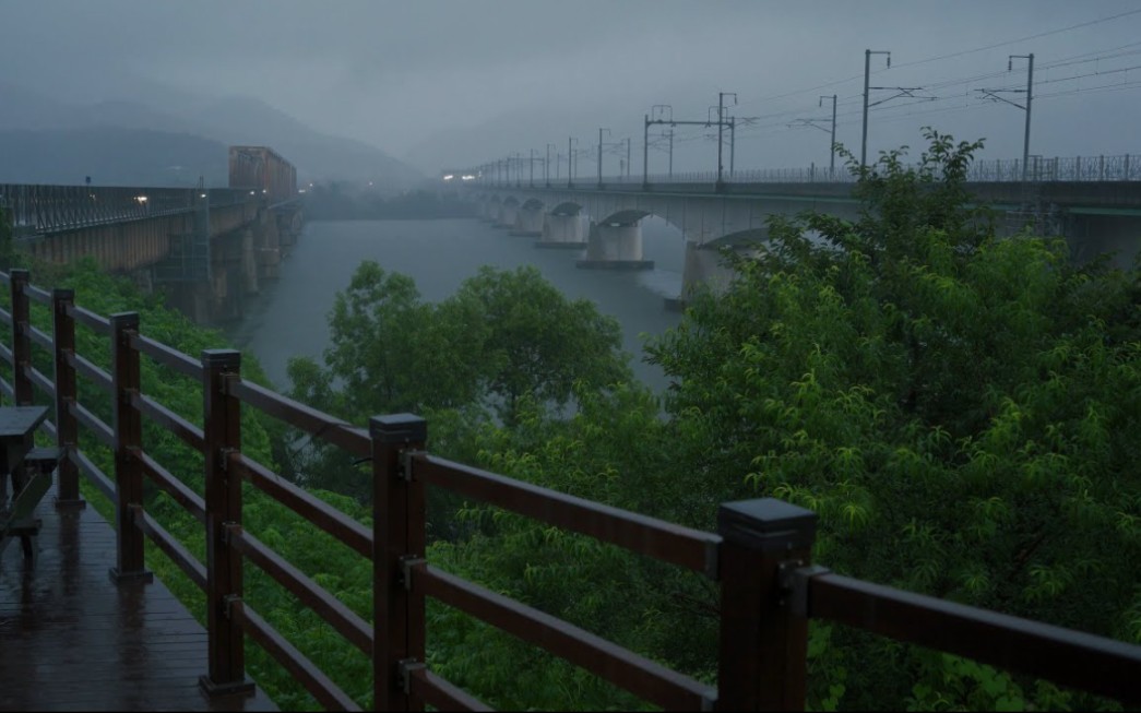 [图][4K Rain Walk] 被雨淋湿的铁路桥，雨中穿行的火车。 铁路桥上的雨。