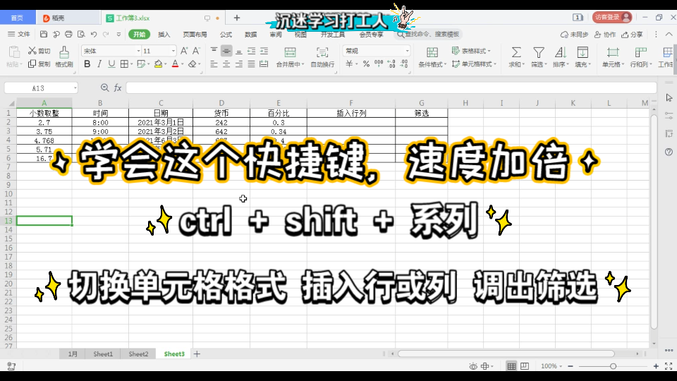 wps office Excel 电子表格 格式调整4 切换单元格格式,插入行列,调出筛选哔哩哔哩bilibili