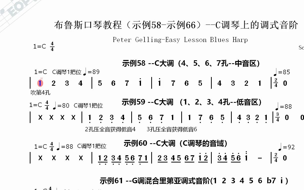 【皮特ⷦ 𜦞—】布鲁斯口琴教程(示例58示例66)C调琴上的音阶动态简谱哔哩哔哩bilibili