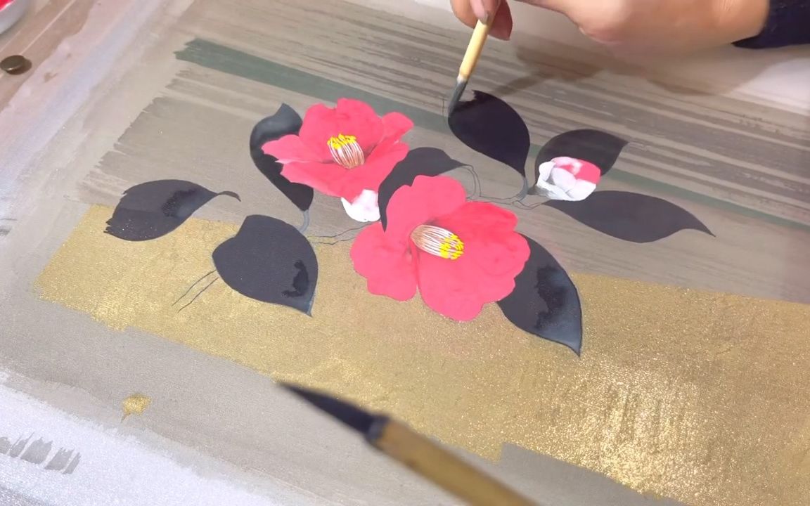 【水彩作画】【日本画メイキング】雪椿を描く制作风景绢に描くJapanesestyle paintingNihonga哔哩哔哩bilibili