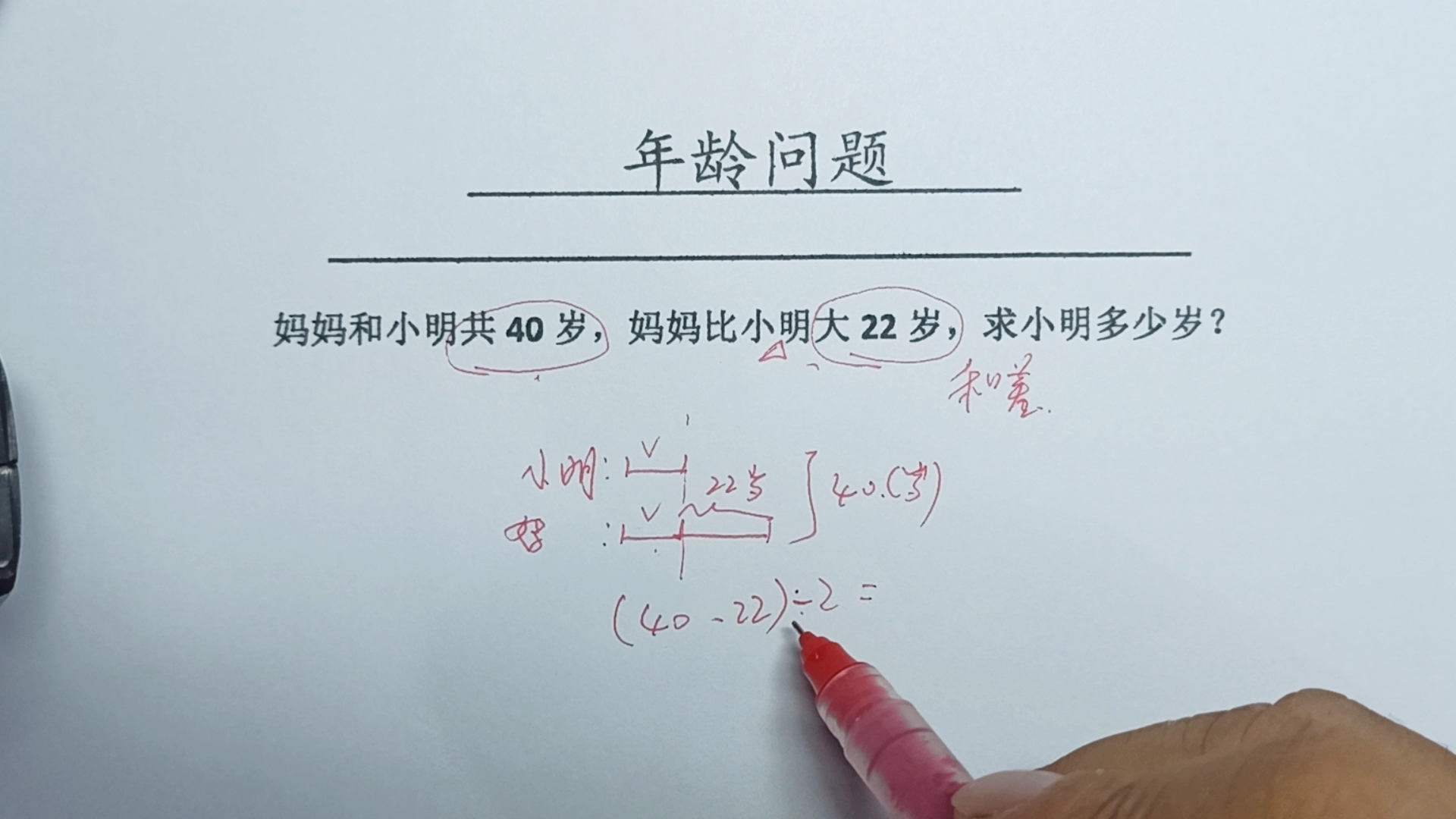 媽媽和小明共40歲,媽媽比小明大22歲,求小明多少歲?