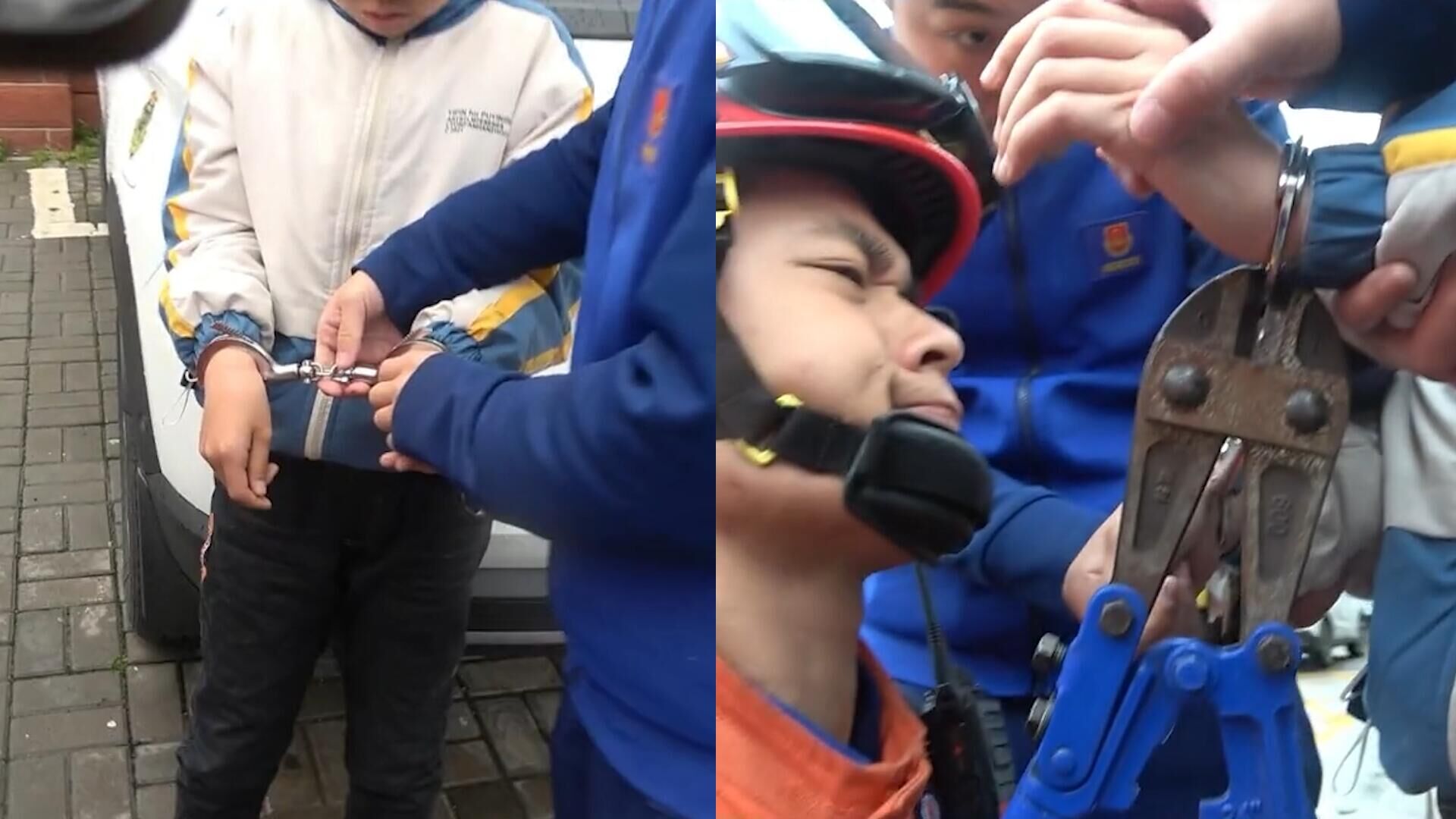 熊孩子玩手铐,把手腕拷住后急得惊慌失措,消防员用一招令其脱困