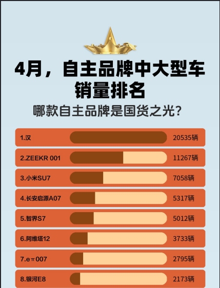 4月,自主品牌中大型车销量排名