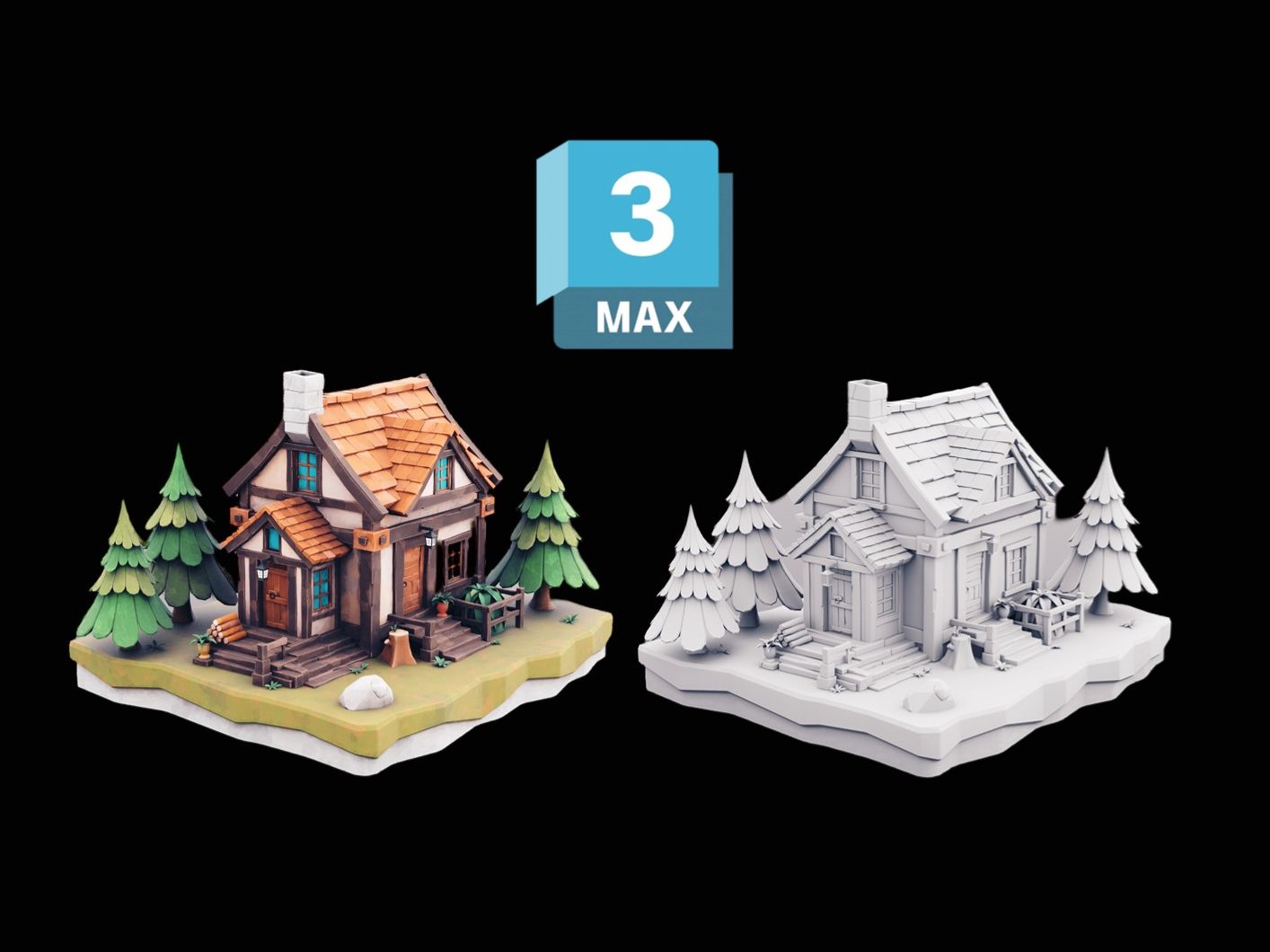 【3dmax场景建模】卡通森林小屋模型制作案例,适合零基础入门建模的全