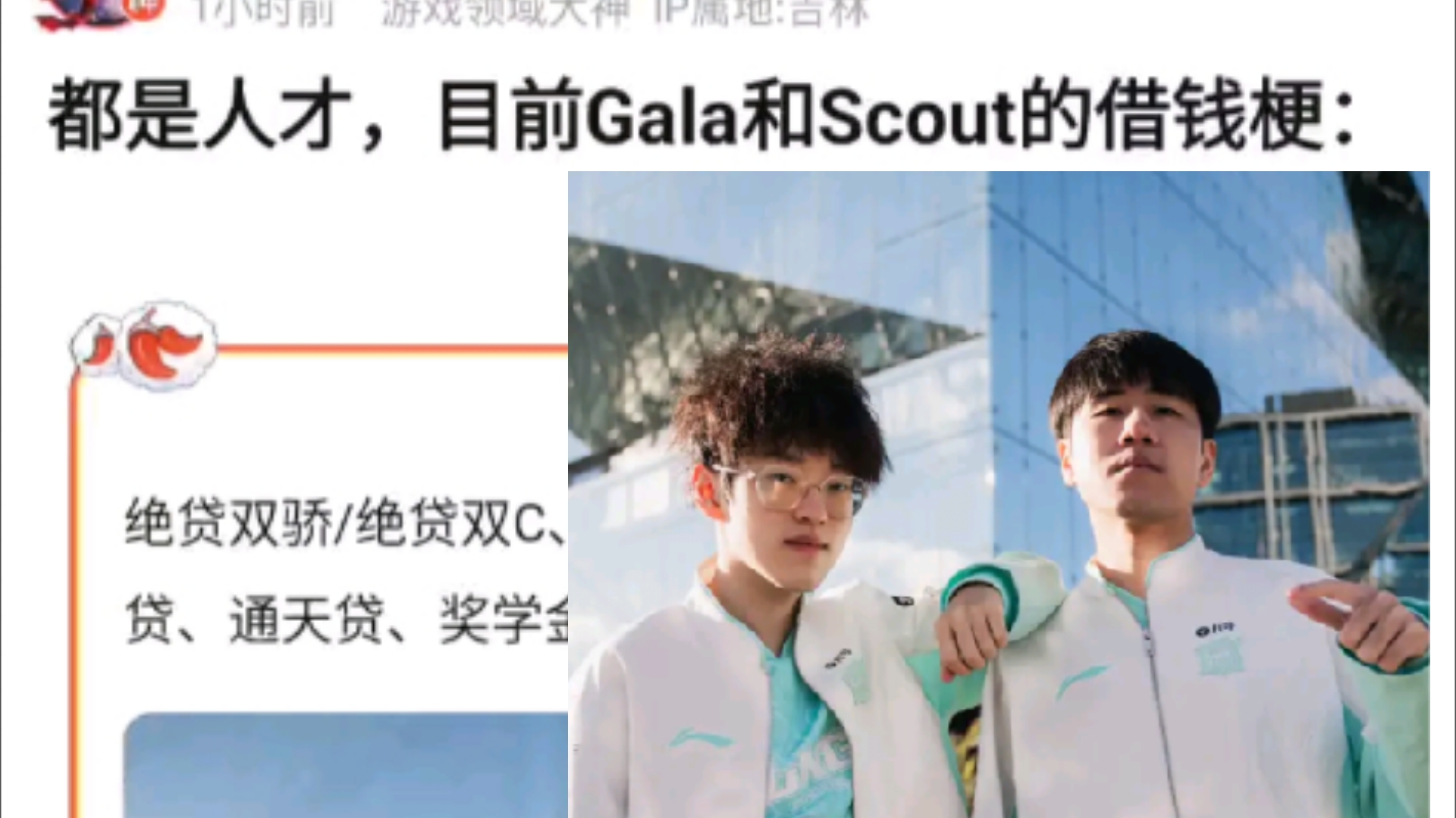 都是天才!目前GALA和Scout的借钱梗:绝贷双骄/绝贷双C、助学贷款、整装贷发、高丽贷、通天贷、奖学金、加息/降息/免息,抗吧热议