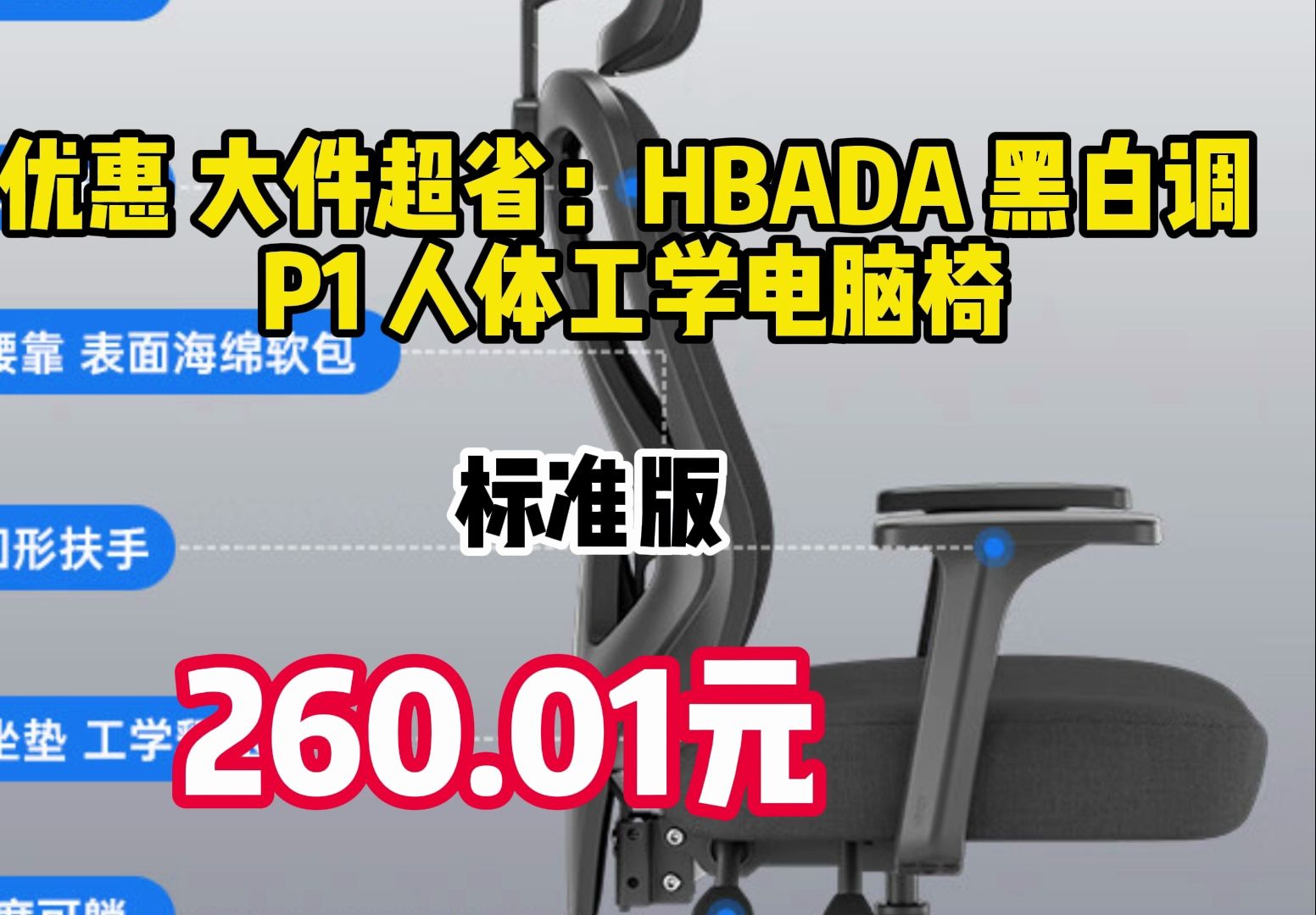 HBADA 黑白调 P1 人体工学电脑椅 标准版 260.01元(需用券)哔哩哔哩bilibili