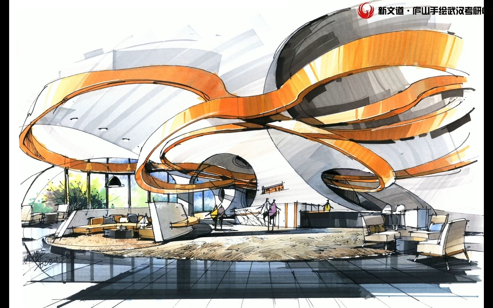 考研手绘室内公共空间图片写生马克笔表现教程分享