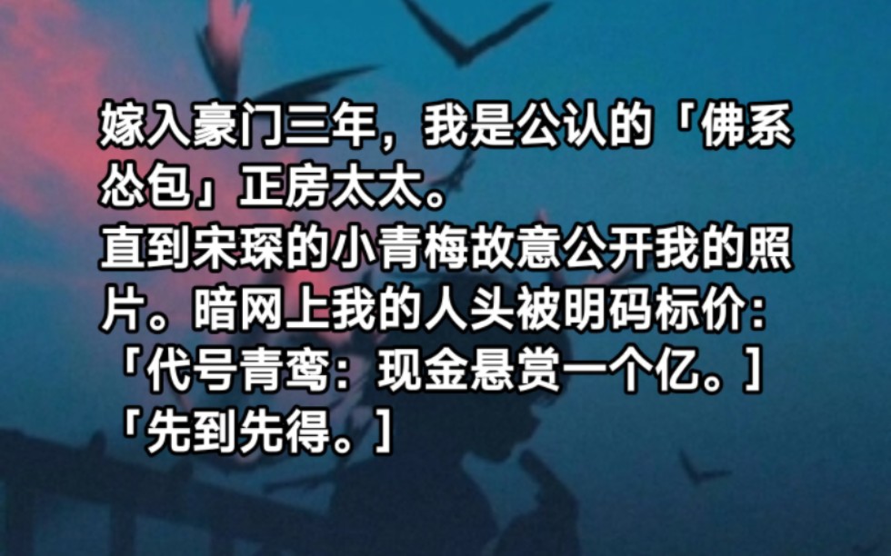 嫁入豪门三年,我是公认的「佛系怂包」正房太太.直到宋琛的小青梅故意公开我的照片.暗网上我的人头被明码标价:「代号青鸾:现金悬赏一个亿.]「先...