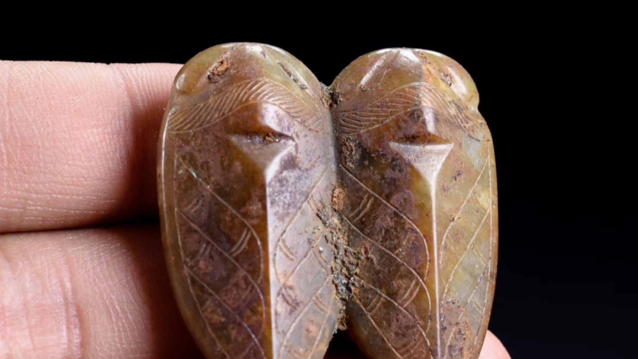 古玉老玉汉代和田籽料生坑双蝉挂饰