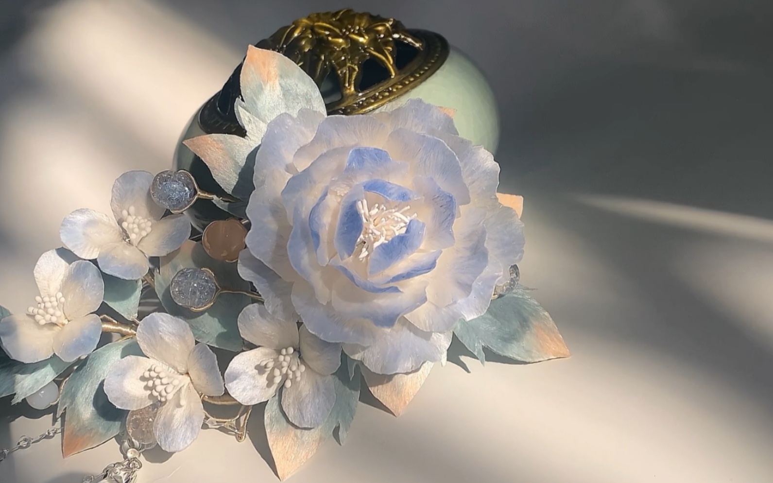 【绒花】清新白蓝芍药绒花发簪制作过程