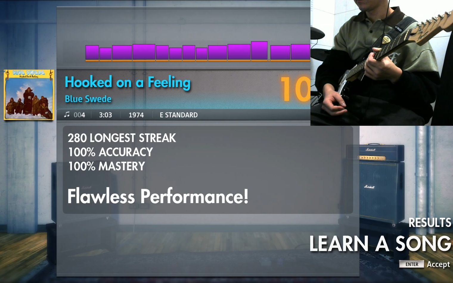 [图]《Hooked on a Feeling》- Blue Suede 摇滚史密斯 Rocksmith 首次录制，主音吉他准确率100%