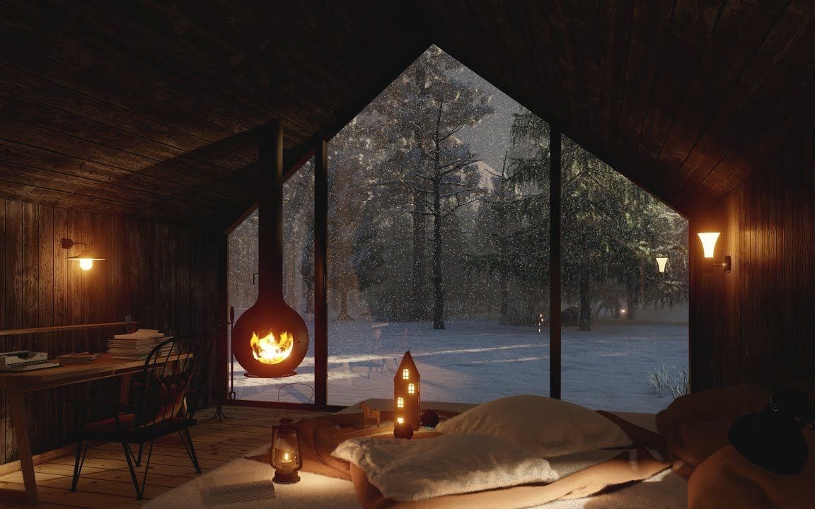 舒适的冬季氛围|大雪中的森林小木屋|壁炉声 风声|8h|环境音 白噪音