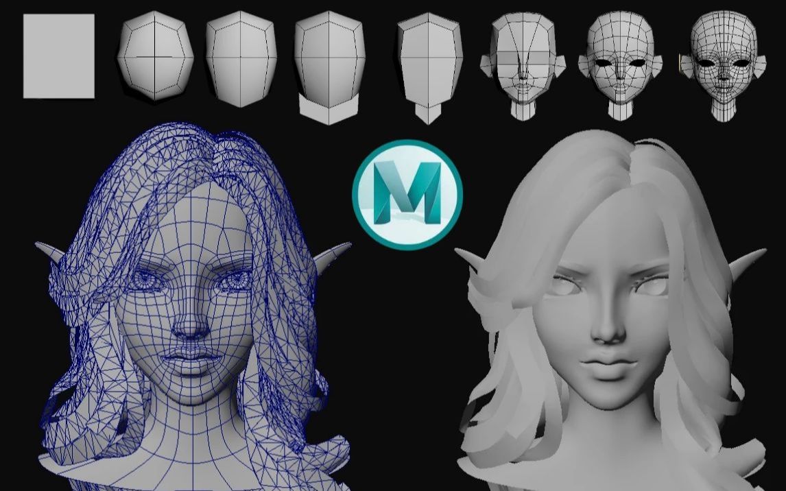 【maya教程】从零开始人物布线教学,拉box开始 头部大型 五官布线比例