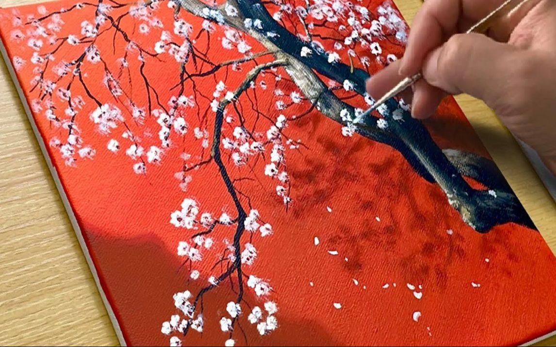 [图]【丙烯画】【新手向】【中字】樱花-Paint a Cherry Blossom Acrylic Painting for Beginners