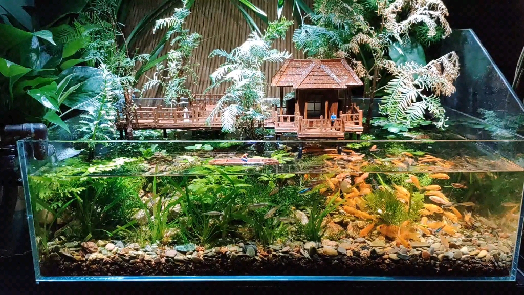 国风手工小屋鱼缸造景