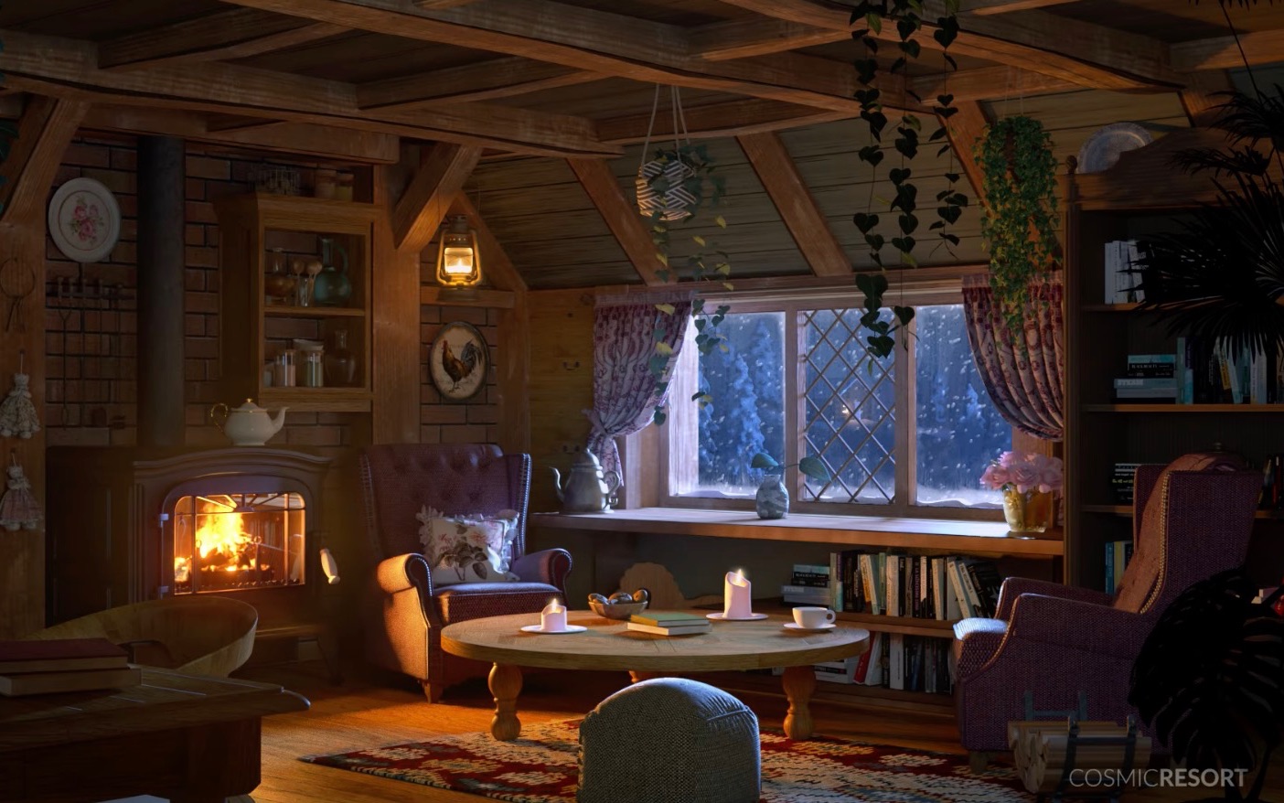 雪天在温馨舒适的小屋里惬意地烤火喝茶cosmicresort助你放松学习入眠