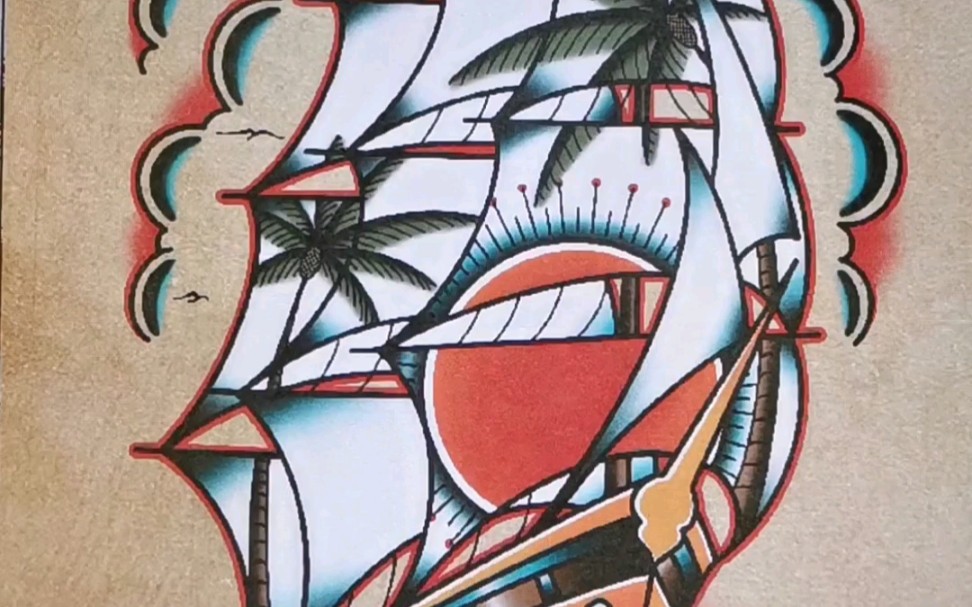 一份old school 帆船纹身手稿的绘制全过程