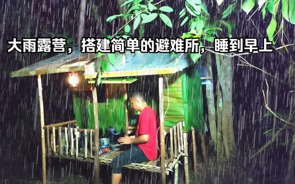 【雨中露营】大雨露营,搭建简单的避难所,睡到早上哔哩哔哩bilibili