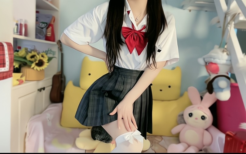 jk百褶裙碎花裙黑丝白丝美女摇