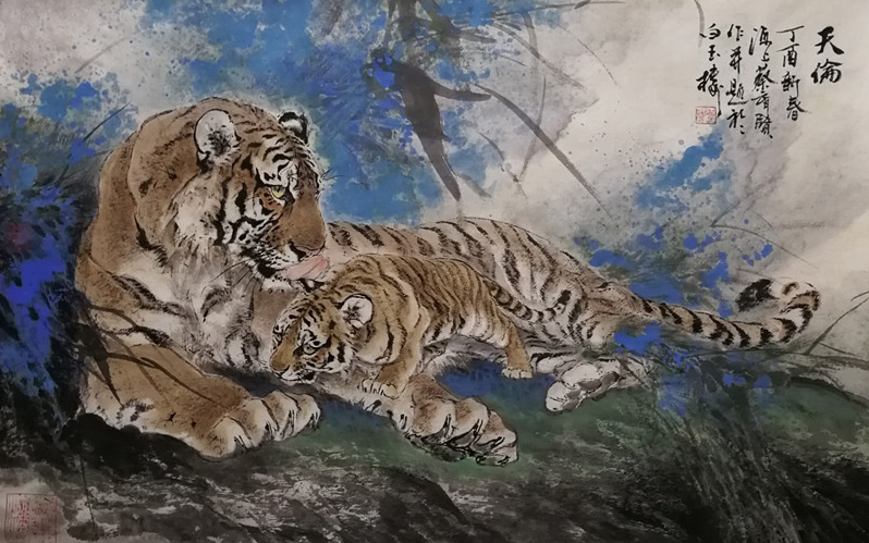 上海画虎名家蔡育贤_在刘海粟美术馆所作的画虎艺术专题讲座,后面有