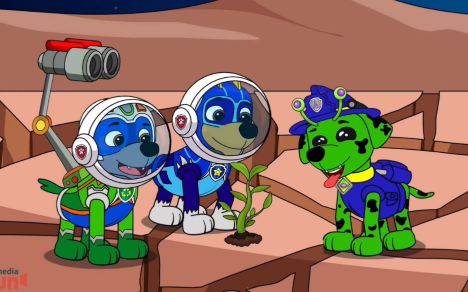 汪汪队动画:阿奇和灰灰运送树苗去外太空