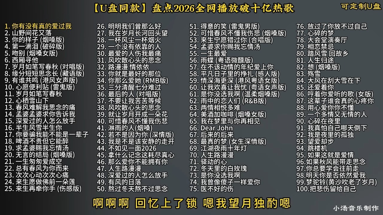 【车载U盘】分P版，盘点100首2026全网最新热门伤感音乐合集