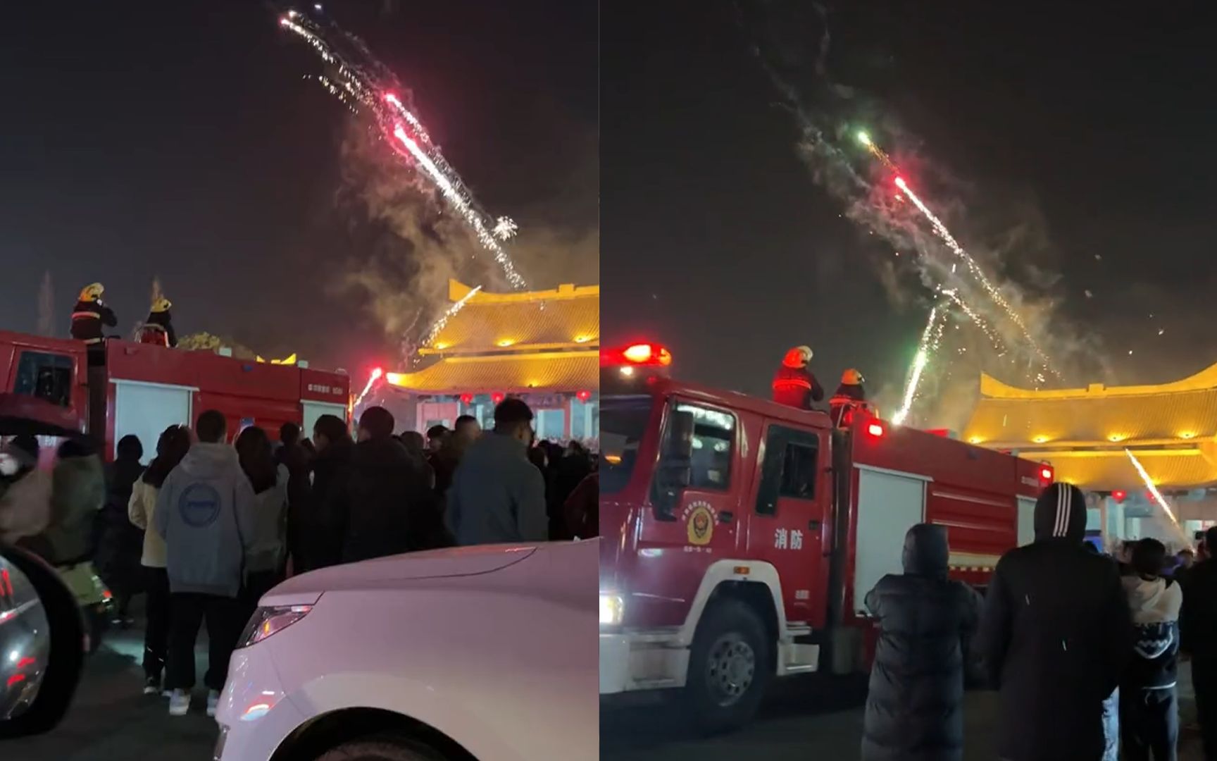 市民放烟花迎新年,消防员坐在消防车上一边守护一边看烟花