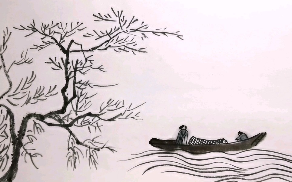 国画水墨风景画,画一叶舟载两人水上游,小河边有一颗高树,很美_哔哩