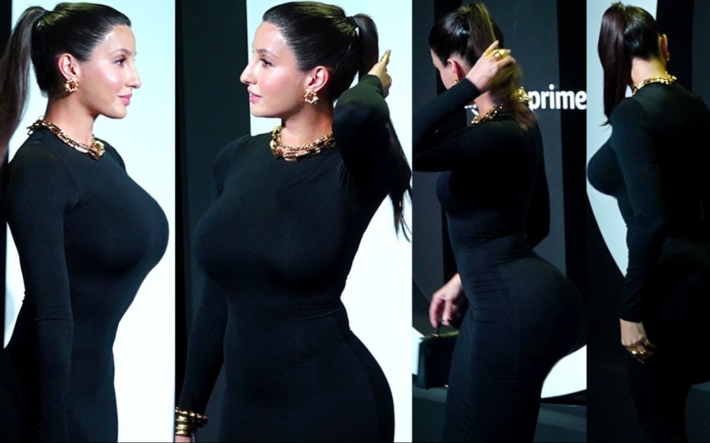 nora fatehi 在 citadel 穿着黑色紧身衣炫耀她巨大的身材