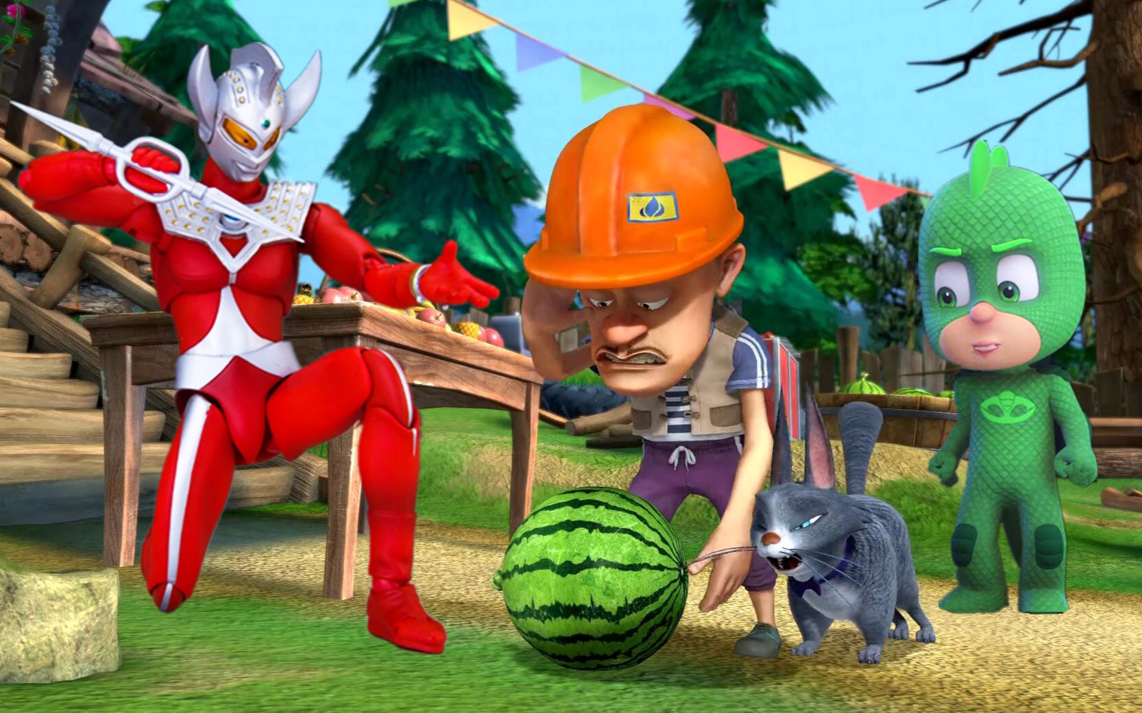 熊出没光头强在飞壁侠家偷来的西瓜切不动,他请泰罗奥特曼来帮忙