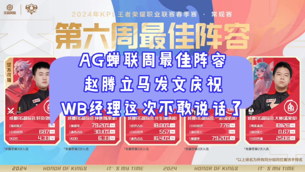 AG蝉联周最佳阵容,赵腾立马发文庆祝,WB经理这次不敢说话了哔哩哔哩bilibili