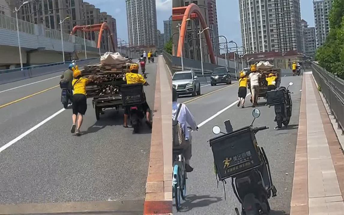 老人骑着三轮车艰难上坡,三名外卖小哥纷纷停下帮推车,画面暖心