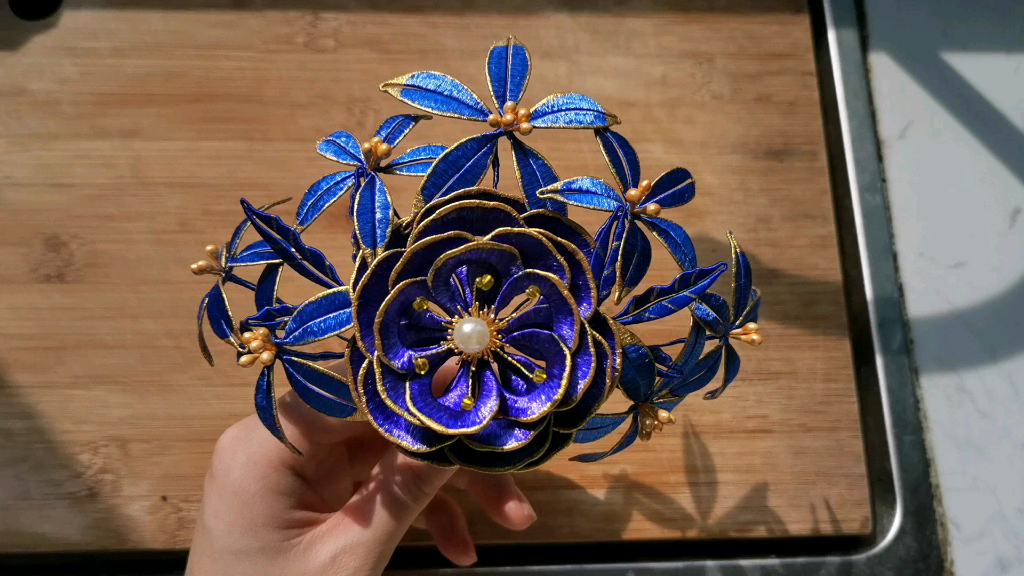 缠花#金边蓝色牡丹大发冠真真是富贵