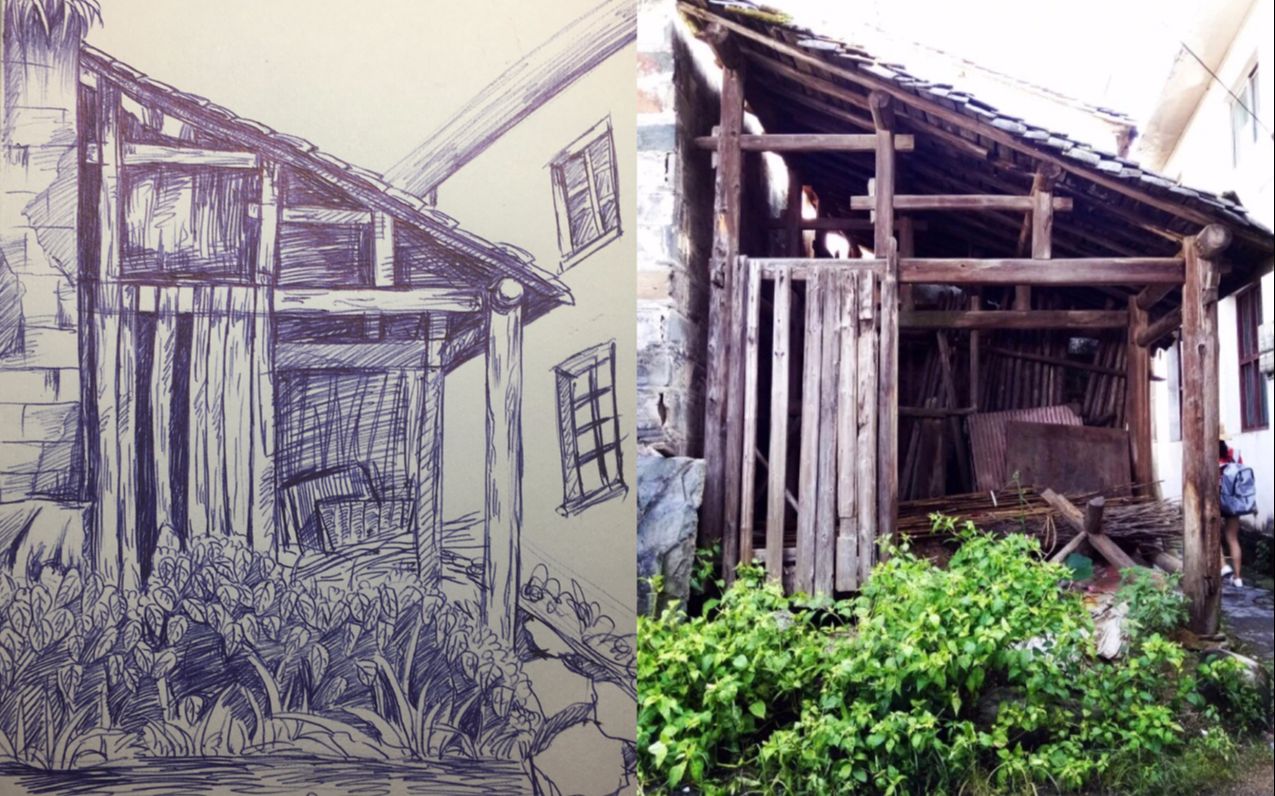 速写废旧木屋图片写生
