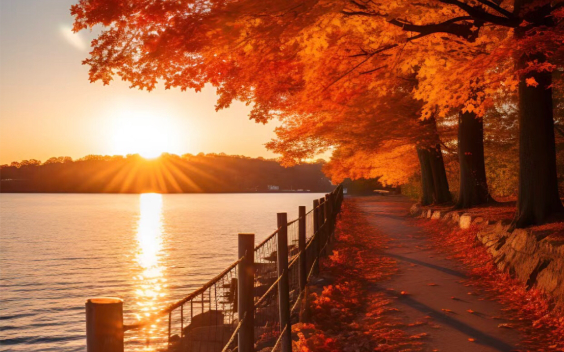 秋光倾城,湖岸红枫与落日共舞