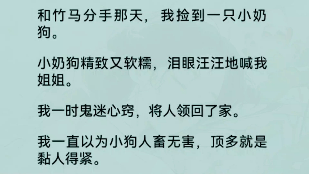 [图]《全文完整版》和竹马分手那天，我捡到一只小奶狗。小奶狗精致又软糯，泪眼汪汪地喊我姐姐。我一时鬼迷心窍，将人领回了家。我一直以为小狗人畜无害，顶多就是黏人得紧……