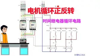 Download Video: 电动机循环正反转，使用时间继电器控制，通过仿真软件模拟各元器件动作。