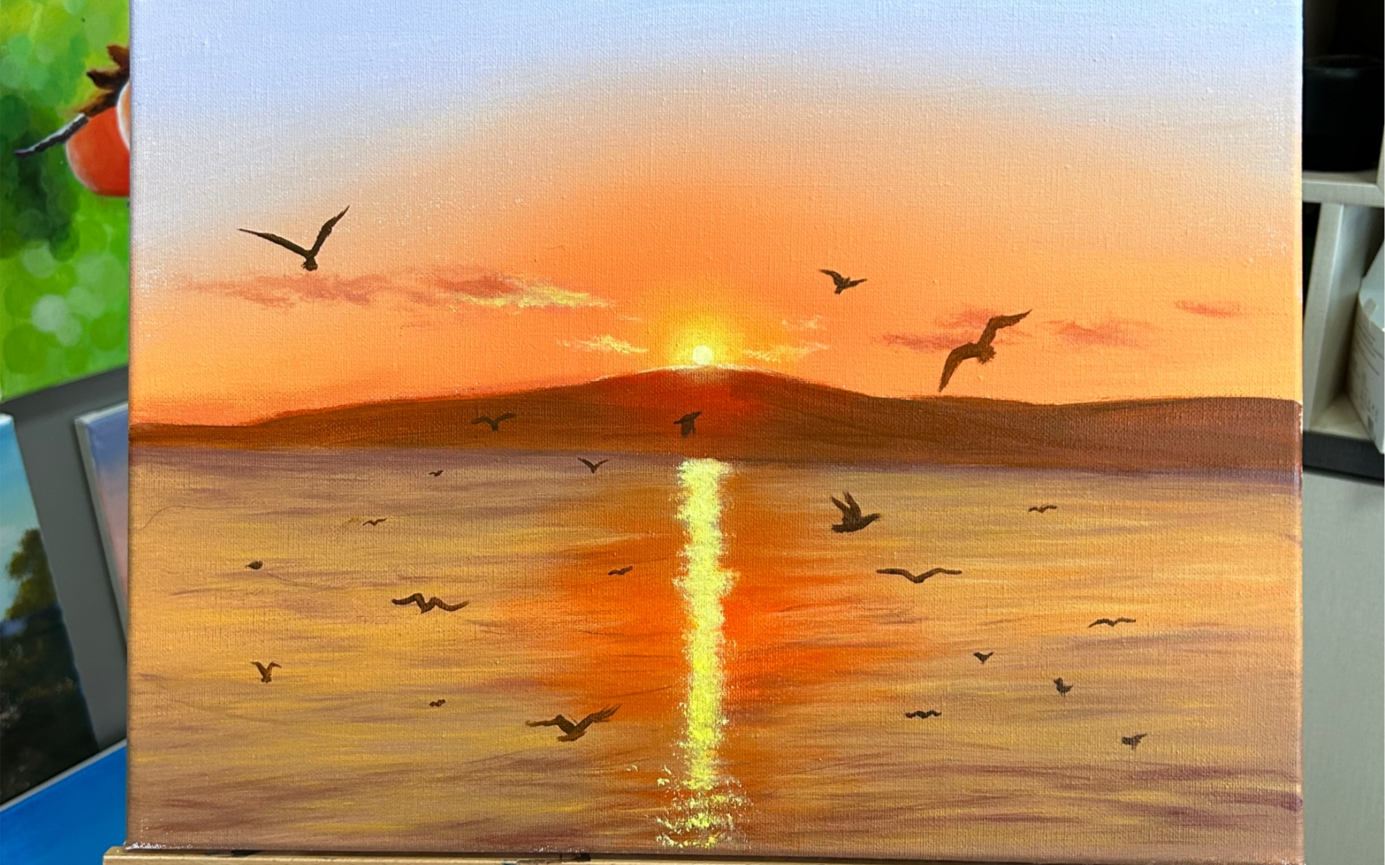 洱海夕阳 纯手绘丙烯画 教程